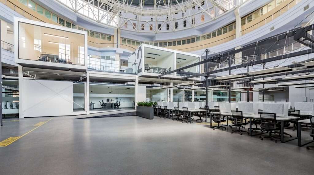 Big business office with loft rooms for conference, no people